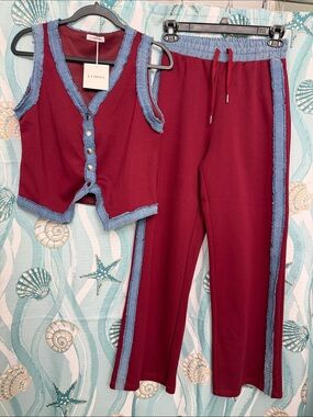 La Diosa Burgundy Two-Piece Set with Denim Trim